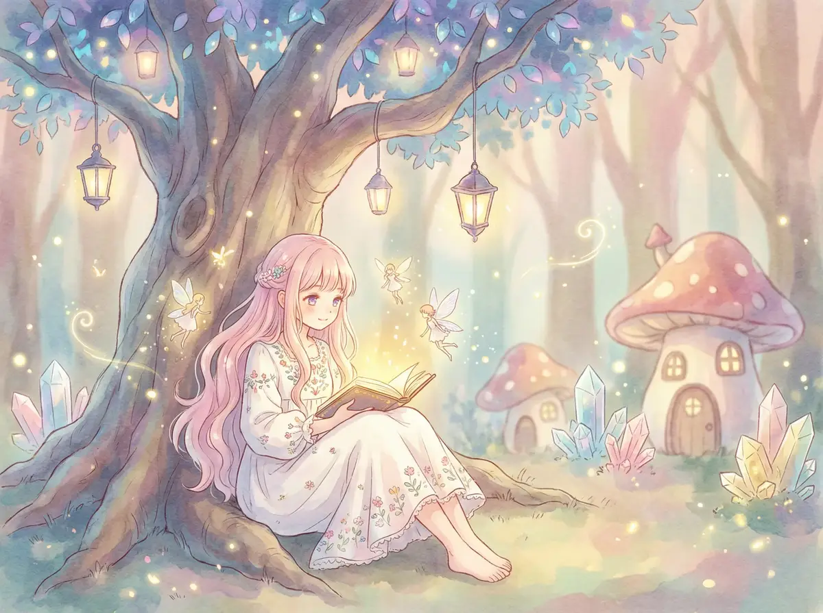 cilimao - 魔法森林中阅读故事书的粉发少女与精灵